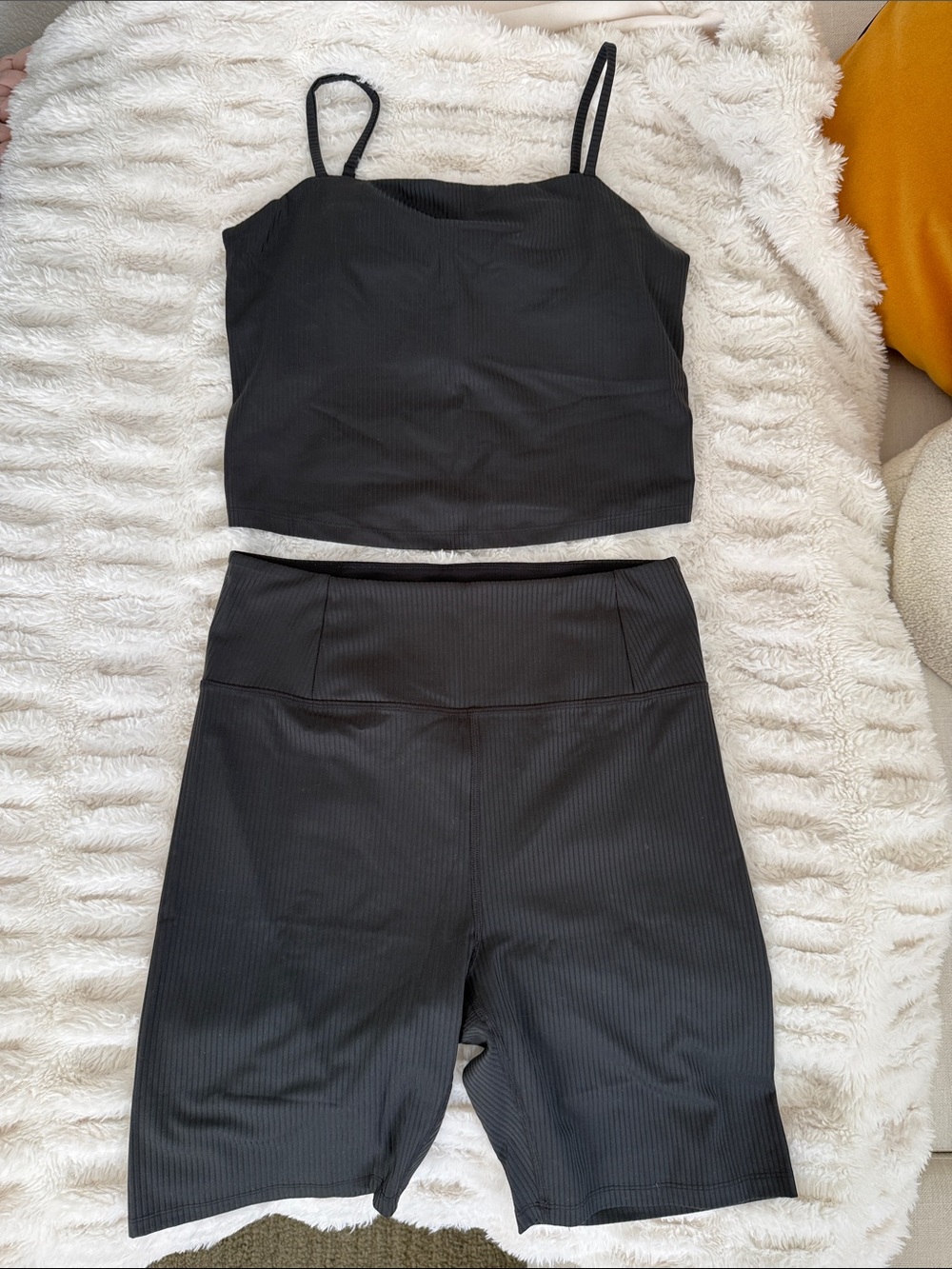 Girlfriend Collective Black Ribbed High-Waist Bike Shorts & Crop Tank Set